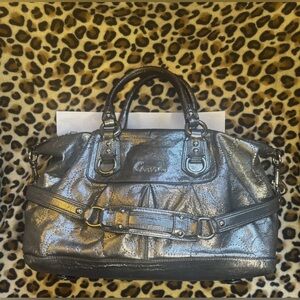 COACH ASHLEY Metallic Silver Leather Dble Top Handle/Shoulder Strap- GUC w/COA